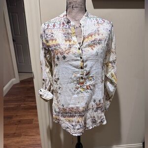Floral Relaxed Buttoned Blouse with Mandarin Collar
